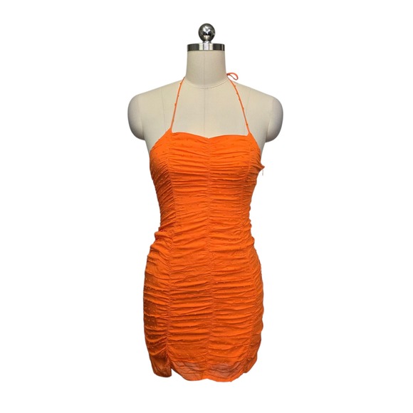 Hello Molly Dresses & Skirts - NWT Hello Molly Burst Of Colour Dress Orange Ruched Swiss Dot Halter Mini Sz XS